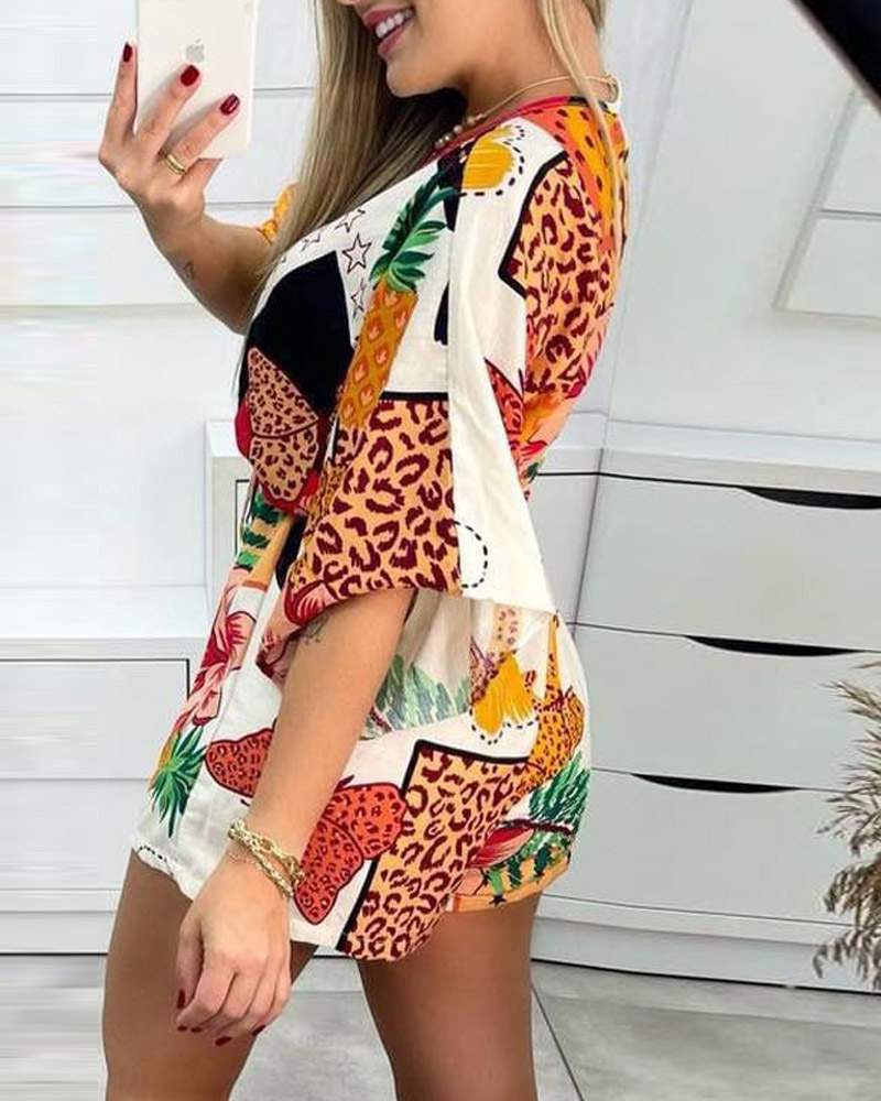 FLORAL STAR PRINT VNECK DRAWSTRING ROMPER