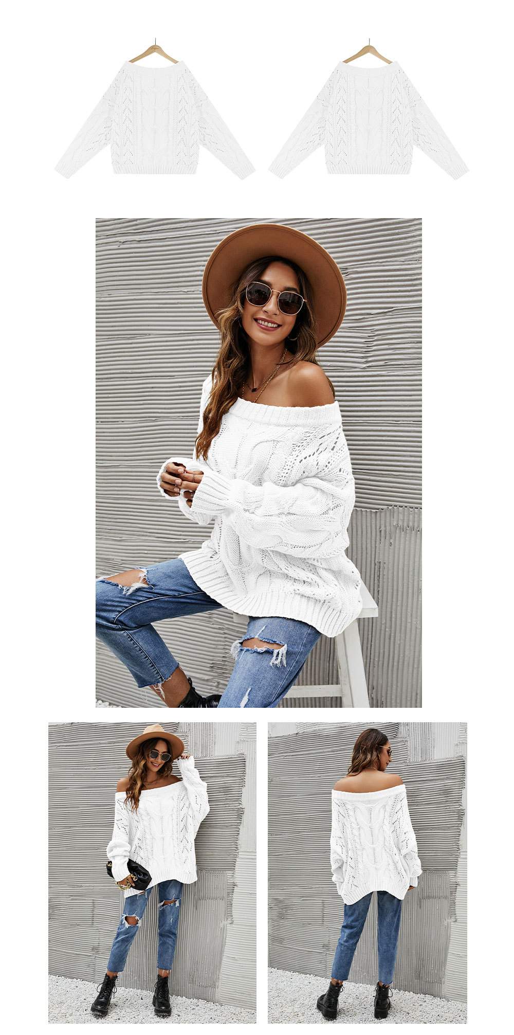  SHOULDER LARGE SIZE LOOSE KNITTED SWEATER ONE CHARACTER COLLAR SOLID COLOR PULLOVER SWEATER 