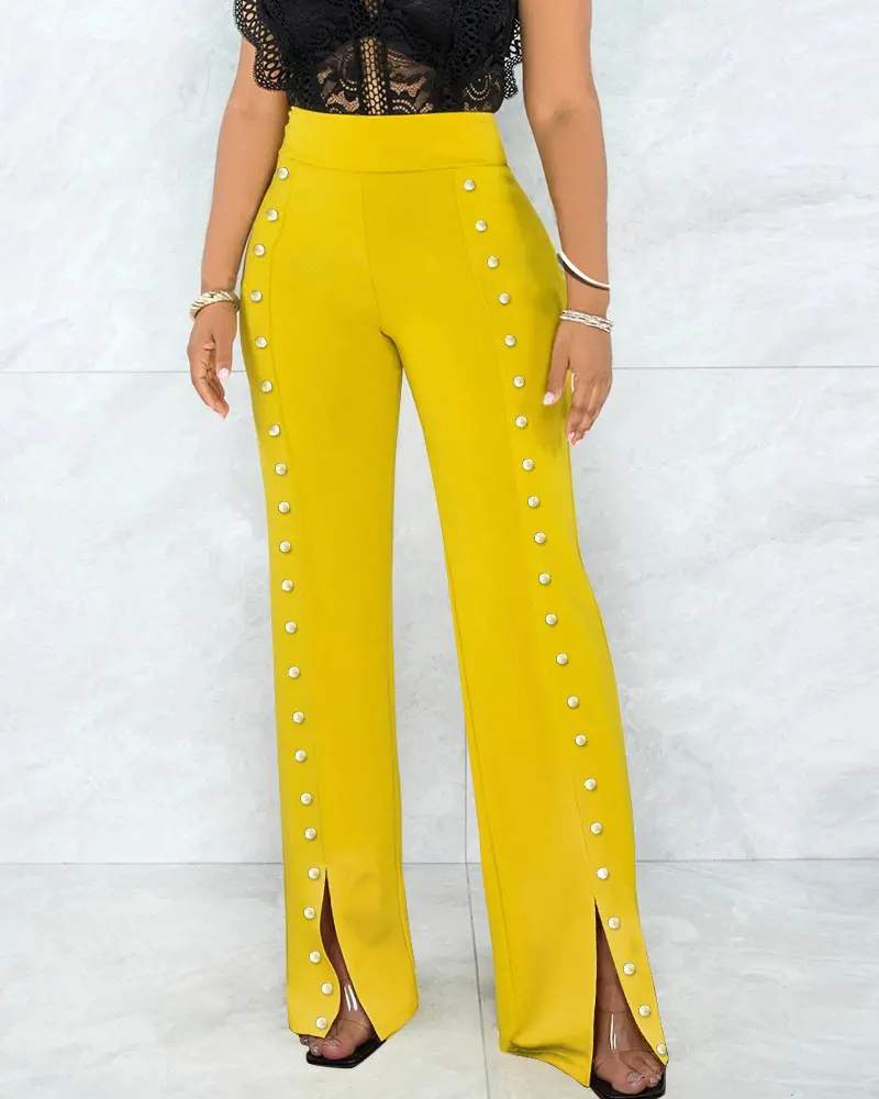 BEADED DECOR SPLIT HEM HIGH WAIST PANTS