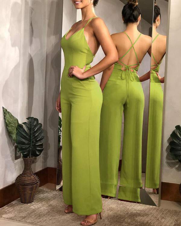 Plain Halter Backless Wide Leg Jumpsuit