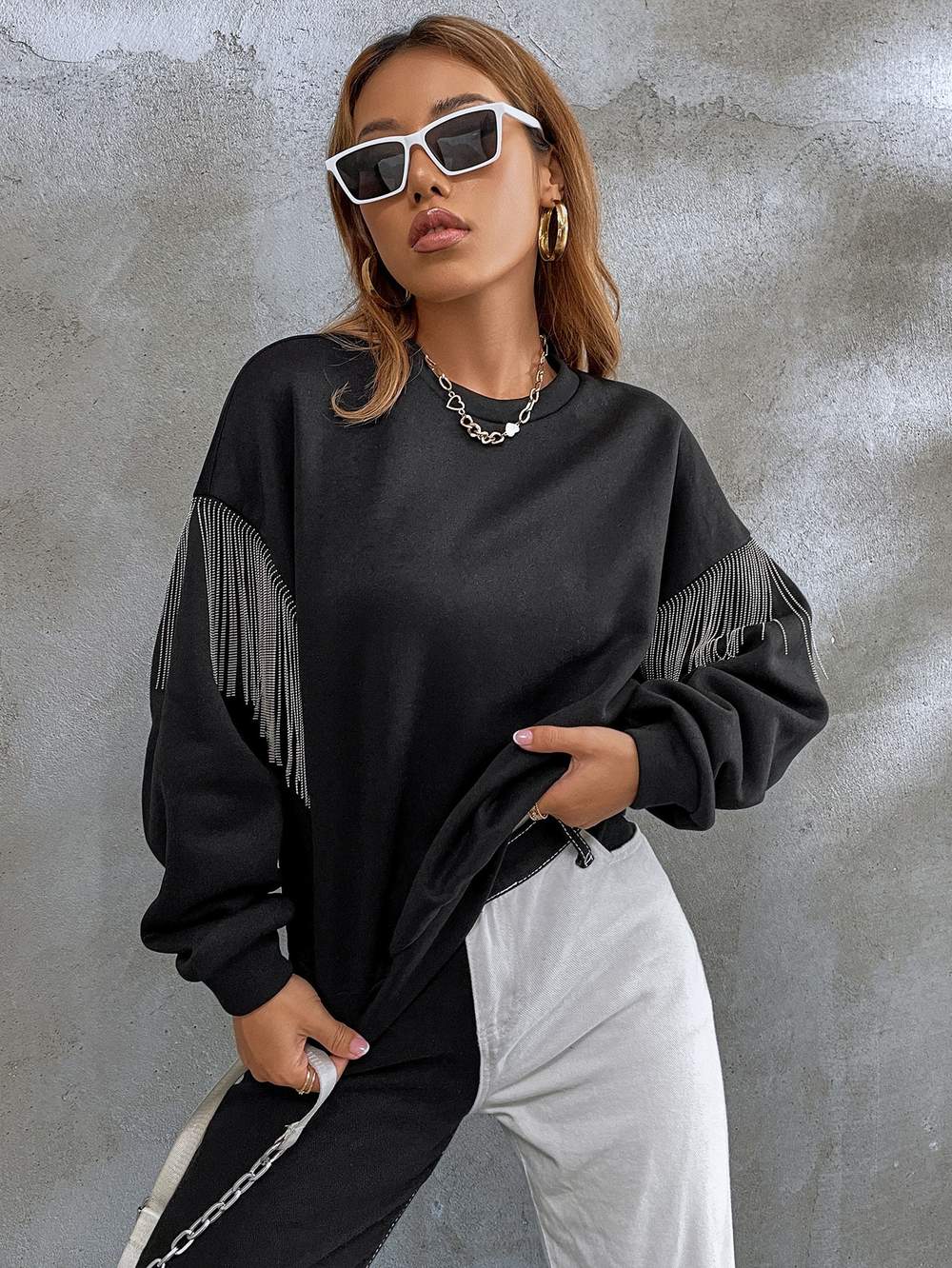 SOLID FRINGE DETAIL DROP SHOULDER SWEATSHIRT