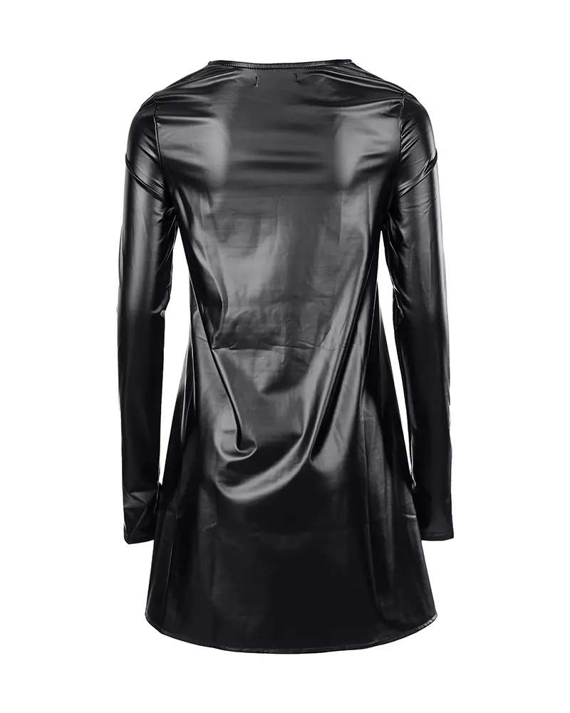 LONG SLEEVE THUMB HOLE PU LEATHER SMOCK DRESS