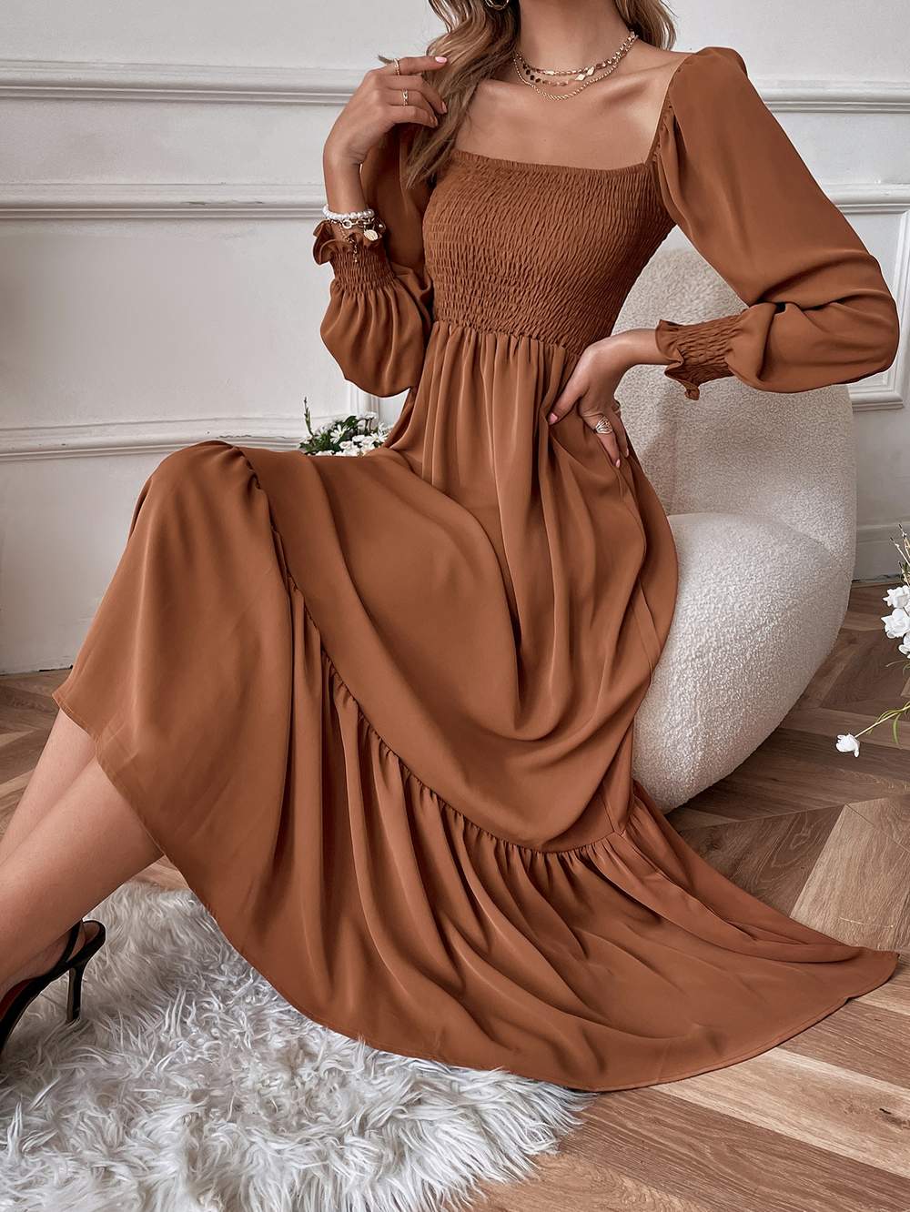 SQUARE NECK SHIRRED RUFFLE HEM DRESS