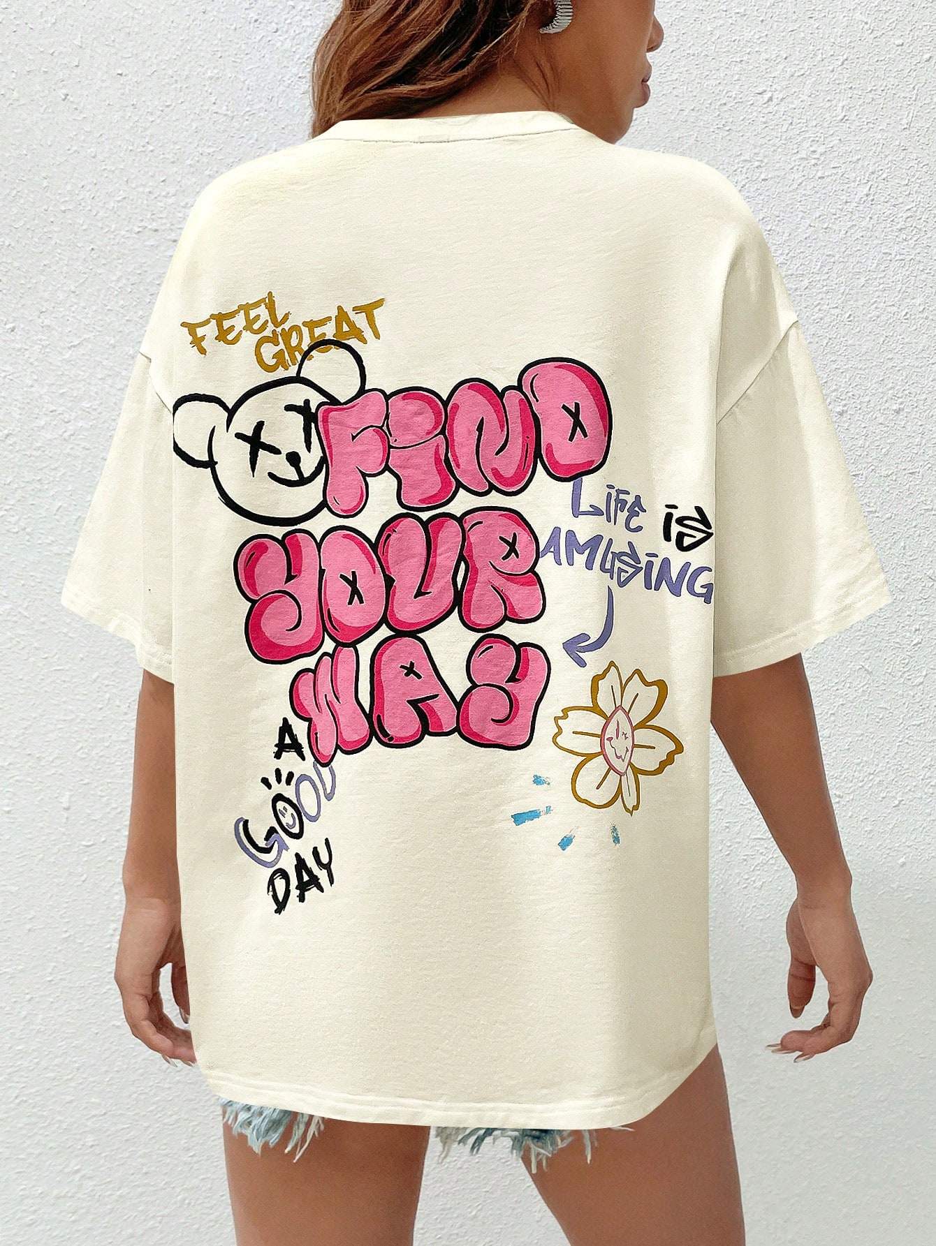 EZWEAR SUMMER GRAFFITI SLOGAN GRAPHIC DROP SHOULDER TEE