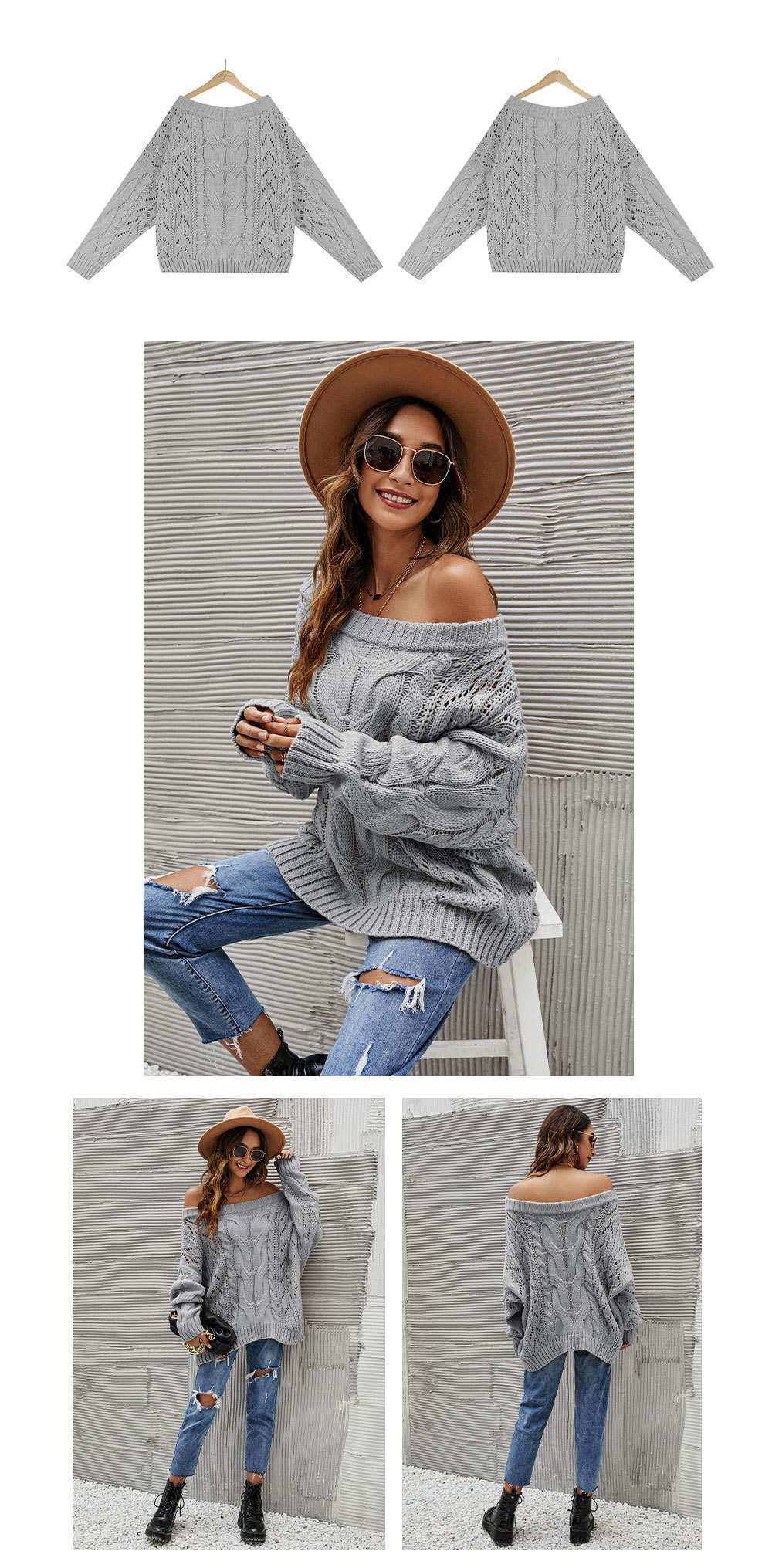  SHOULDER LARGE SIZE LOOSE KNITTED SWEATER ONE CHARACTER COLLAR SOLID COLOR PULLOVER SWEATER 