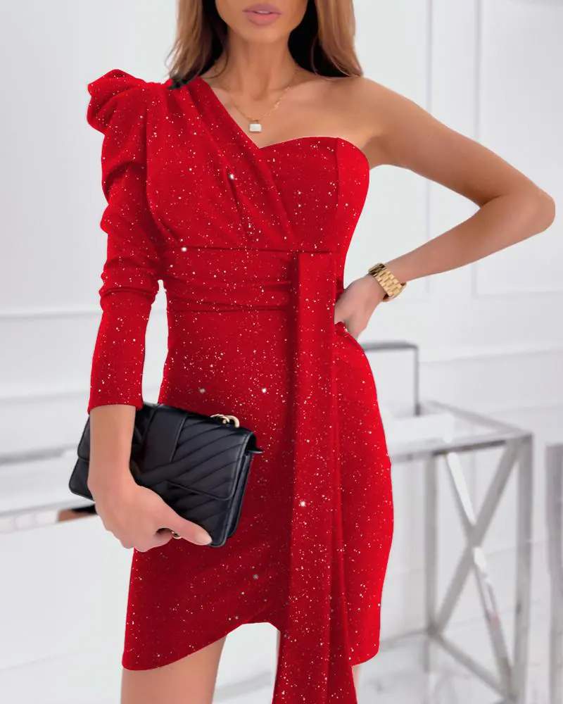 PUFF SLEEVE ONE SHOULDER ASYMMETRICAL PARTY DRESS