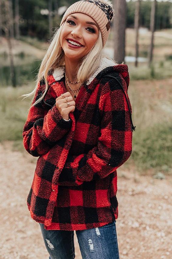 Red Plaid Snaps Sherpa Hooded Coat