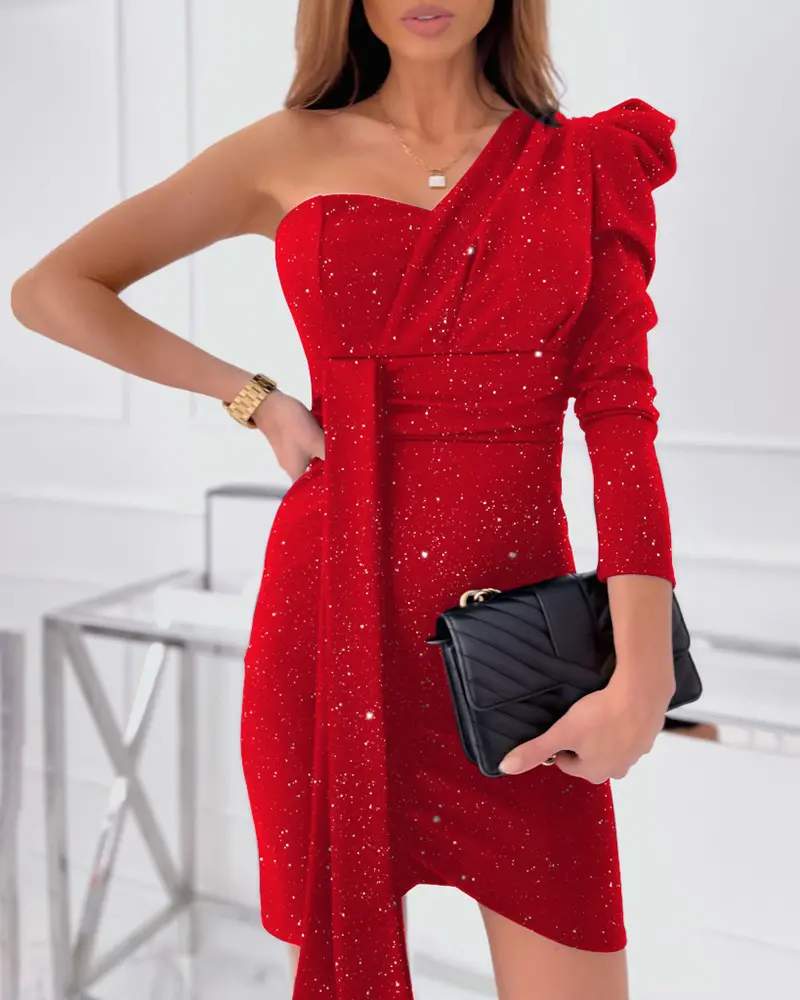 PUFF SLEEVE ONE SHOULDER ASYMMETRICAL PARTY DRESS