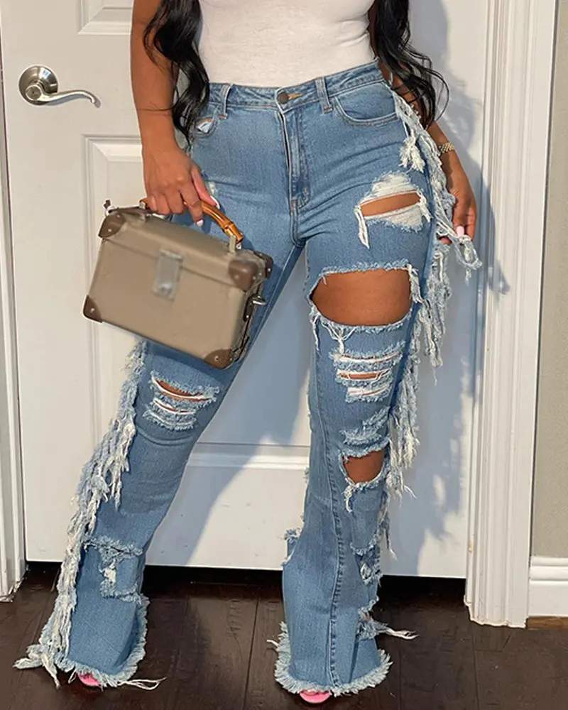 CUTOUT RIPPED FRINGE RAW HEM FLARED LEG JEANS