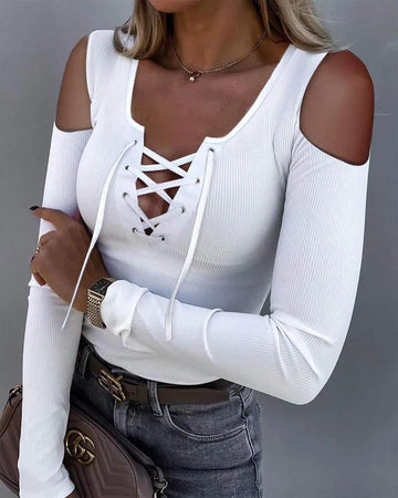 GROMMET EYELET LACE UP COLD SHOULDER RIBBED TOP