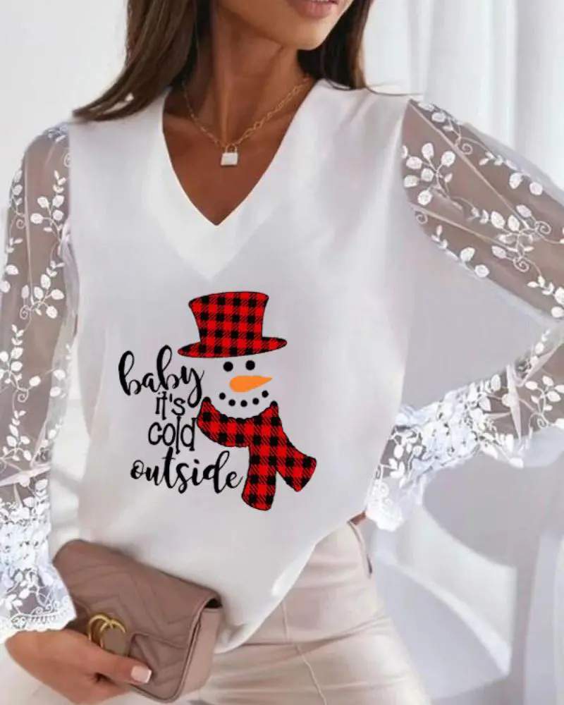 CHRISTMAS SNOWMAN PRINT CONTRAST LACE LONG SLEEVE TOP