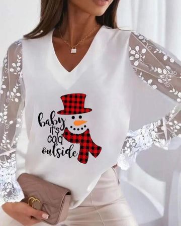 CHRISTMAS SNOWMAN PRINT CONTRAST LACE LONG SLEEVE TOP