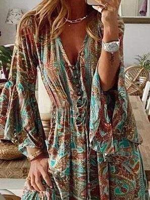 RETRO HIGH WAIST 3 4 SLEEVE BOHEMIAN DRESS