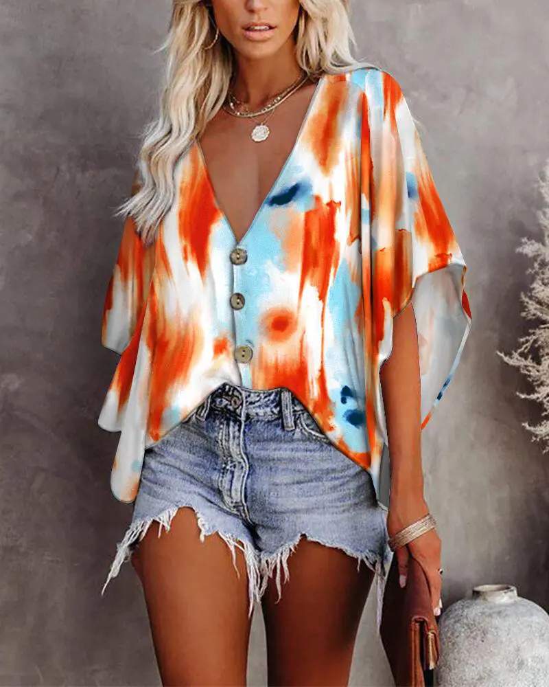 TIE DYE PRINT BATWING SLEEVE BUTTON FRONT TOP