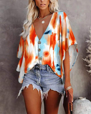 TIE DYE PRINT BATWING SLEEVE BUTTON FRONT TOP