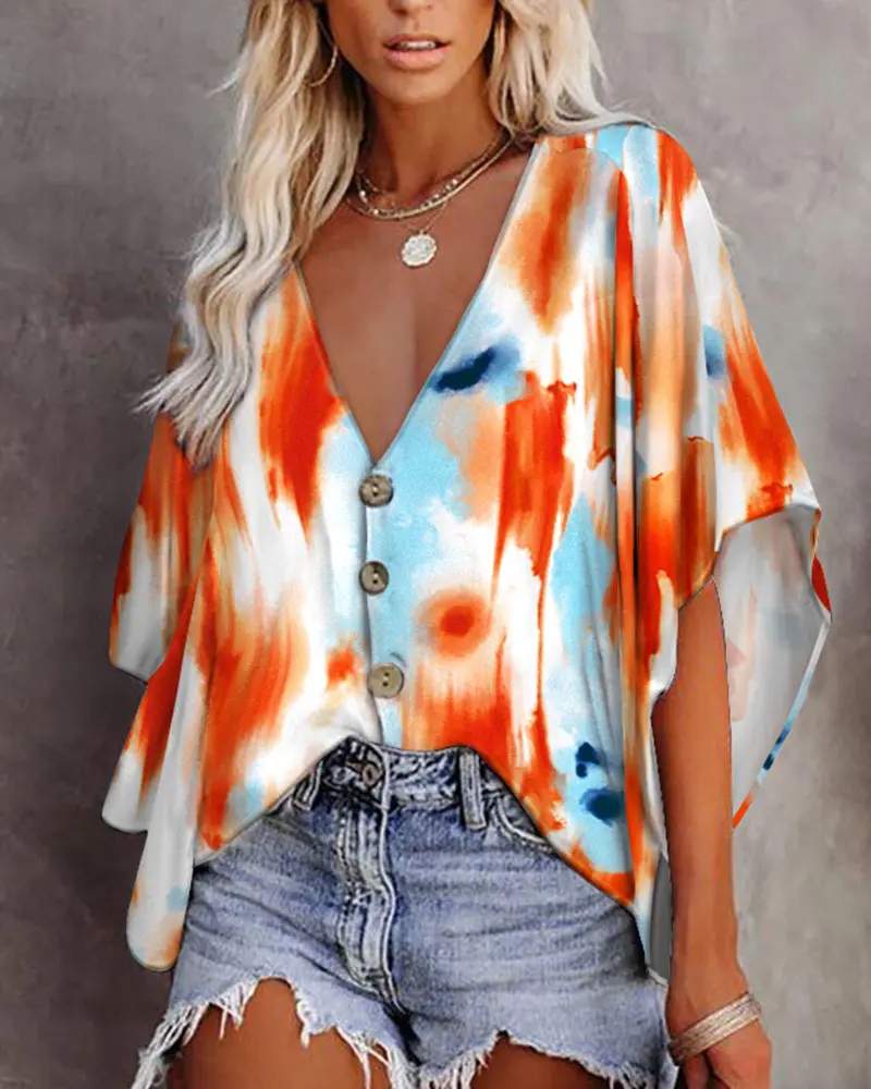 TIE DYE PRINT BATWING SLEEVE BUTTON FRONT TOP