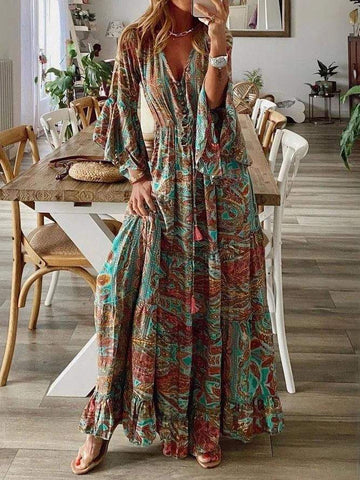 RETRO HIGH WAIST 3 4 SLEEVE BOHEMIAN DRESS