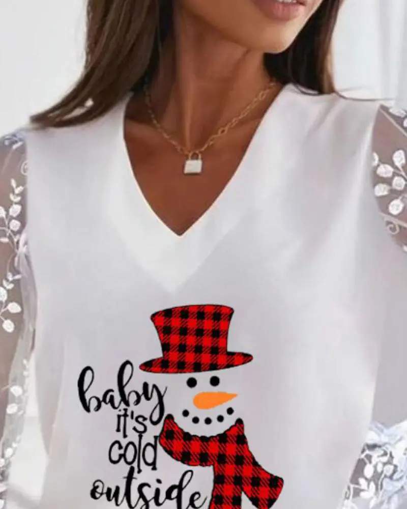 CHRISTMAS SNOWMAN PRINT CONTRAST LACE LONG SLEEVE TOP