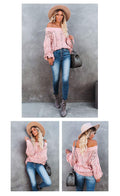  SHOULDER LARGE SIZE LOOSE KNITTED SWEATER ONE CHARACTER COLLAR SOLID COLOR PULLOVER SWEATER 