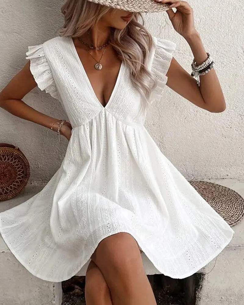 FLUTTER SLEEVE EYELET EMBROIDERY RUCHED LACE DRESS