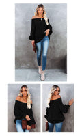  SHOULDER LARGE SIZE LOOSE KNITTED SWEATER ONE CHARACTER COLLAR SOLID COLOR PULLOVER SWEATER 