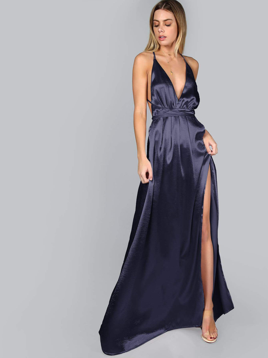 CROSS BACK HIGH SPLIT SATIN MAXI SLIP DRESS