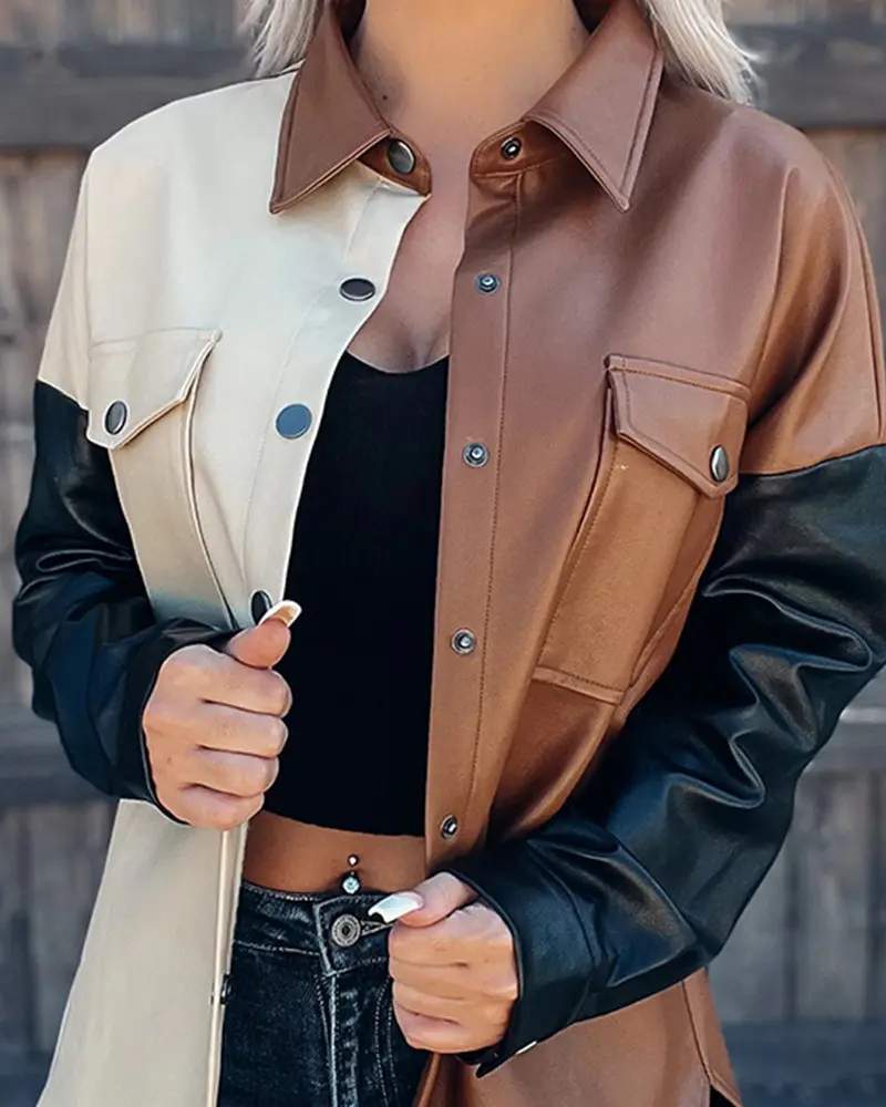 COLORBLOCK PATCHWORK LONG SLEEVE PU LEATHER SHACKET