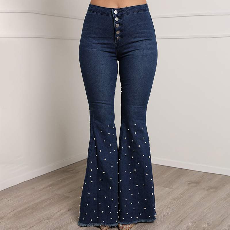 STRETCH JEANS CASUAL BEADED FLARED PANTS