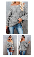  SHOULDER LARGE SIZE LOOSE KNITTED SWEATER ONE CHARACTER COLLAR SOLID COLOR PULLOVER SWEATER 