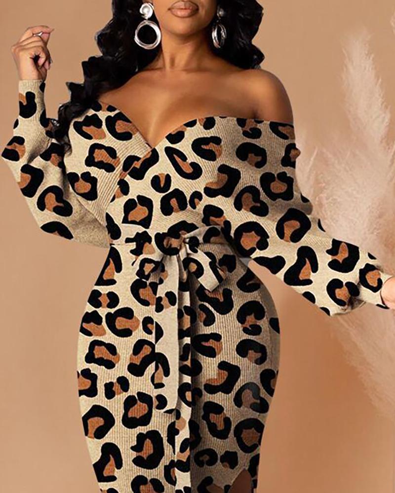 Ribbed Off Shoulder Leopard Print Slit Dress