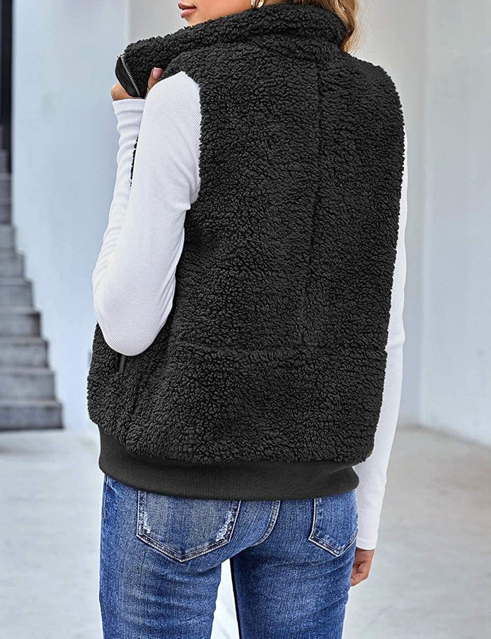 ZIPPER POCKET WARM FURRY VEST COAT FOR WOMEN