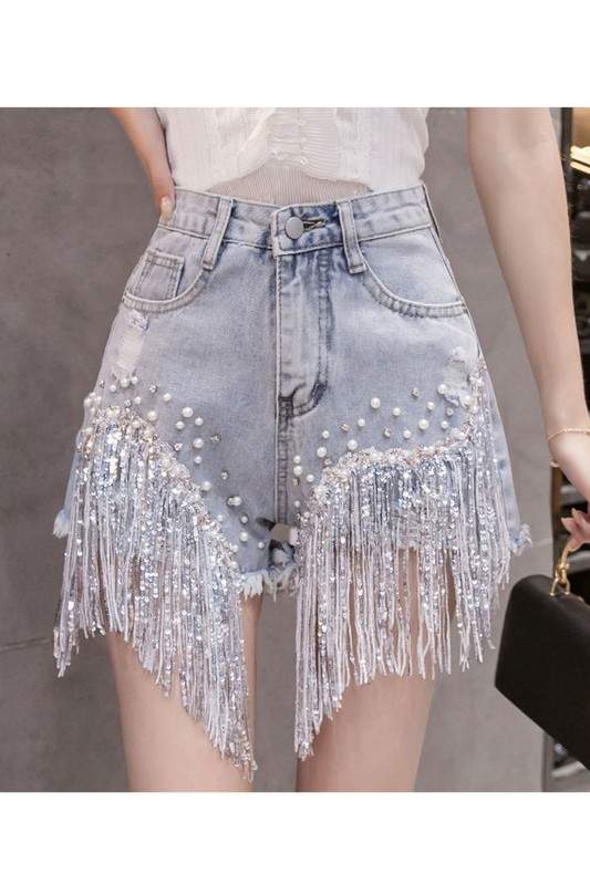 RHINESTONE PEARL DENIM SHORTS