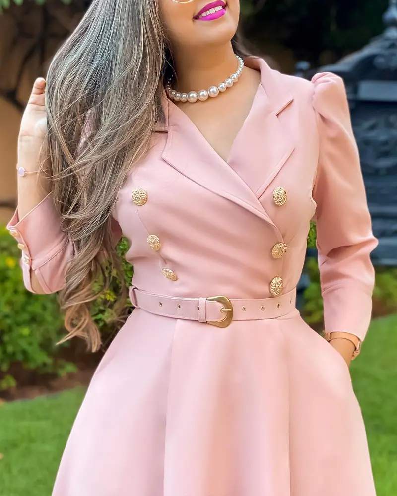 PUFF SLEEVE DOUBLE BREASTED BELTED BLAZER DRESS