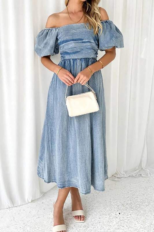 OFF SHOULDER SHORT SLEEVE DENIM DRESS