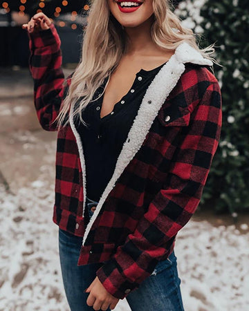 Button Pocket Design Long Sleeve Plaid Teddy Coat