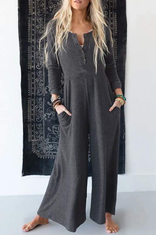 GRAY BUTTON LONG SLEEVE WIDE LEG JUMPSUIT