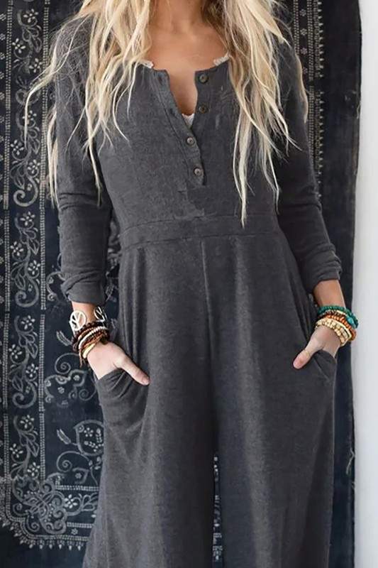 GRAY BUTTON LONG SLEEVE WIDE LEG JUMPSUIT