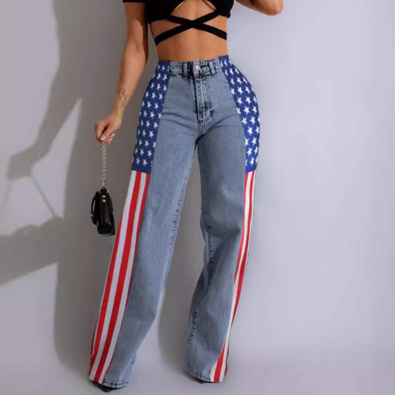 FASHION FLAG STRETCH WIDE LEG DENIM TROUSERS WOMEN S CASUAL HIGH WAIST STRAIGHT LEG JEANS