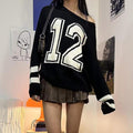 STYLE STREET PERSONALITY CONTRAST COLOR LETTER KNITTED OFF SHOULDER SWEATER SPICE GIRLS LOOSE ALL MATCH PULLOVER SWEATER