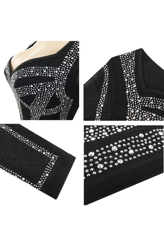 RHINESTONES MESH MINI DRESS