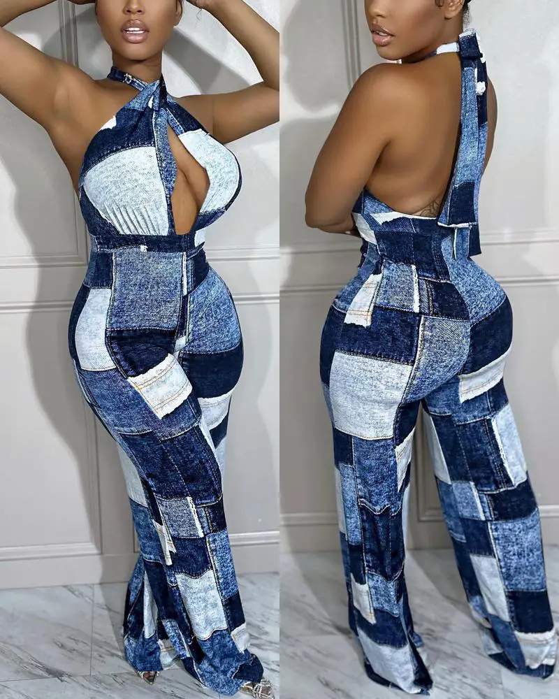 DENIM LOOK PRINT HALTER BACKLESS JUMPSUIT