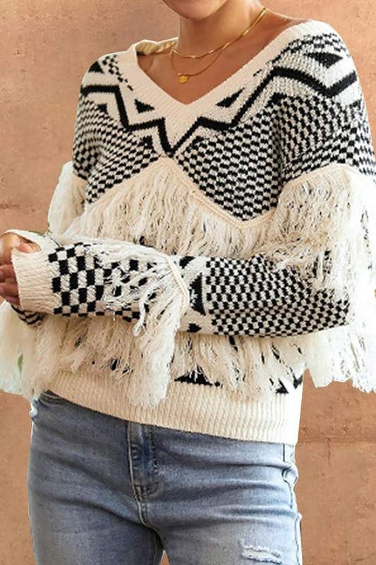 TASSEL V NECK PRINT SWEATER