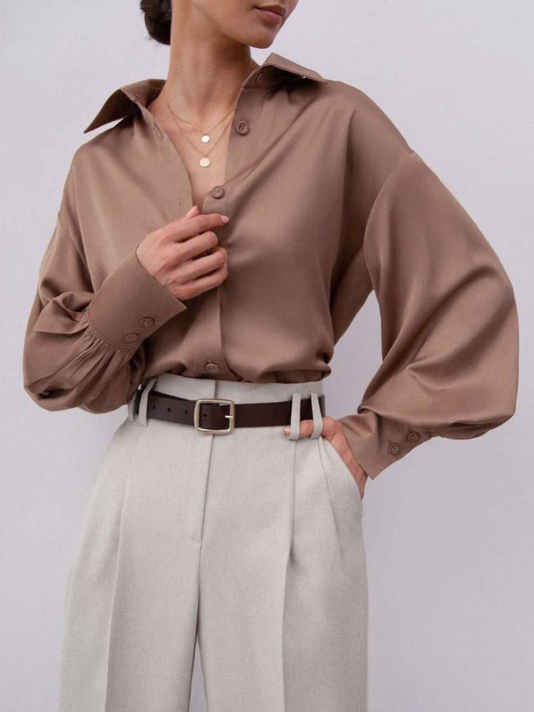 BLOUSE FOR WOMEN COFFEE BROWN POLYESTER TURNDOWN COLLAR CASUAL LONG SLEEVES TOPS