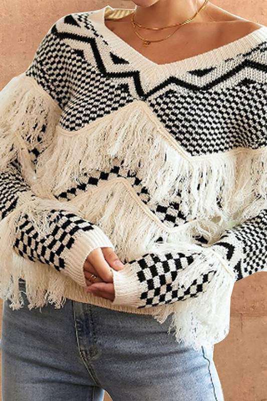 TASSEL V NECK PRINT SWEATER