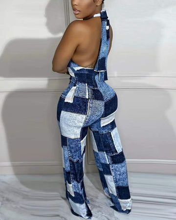 DENIM LOOK PRINT HALTER BACKLESS JUMPSUIT