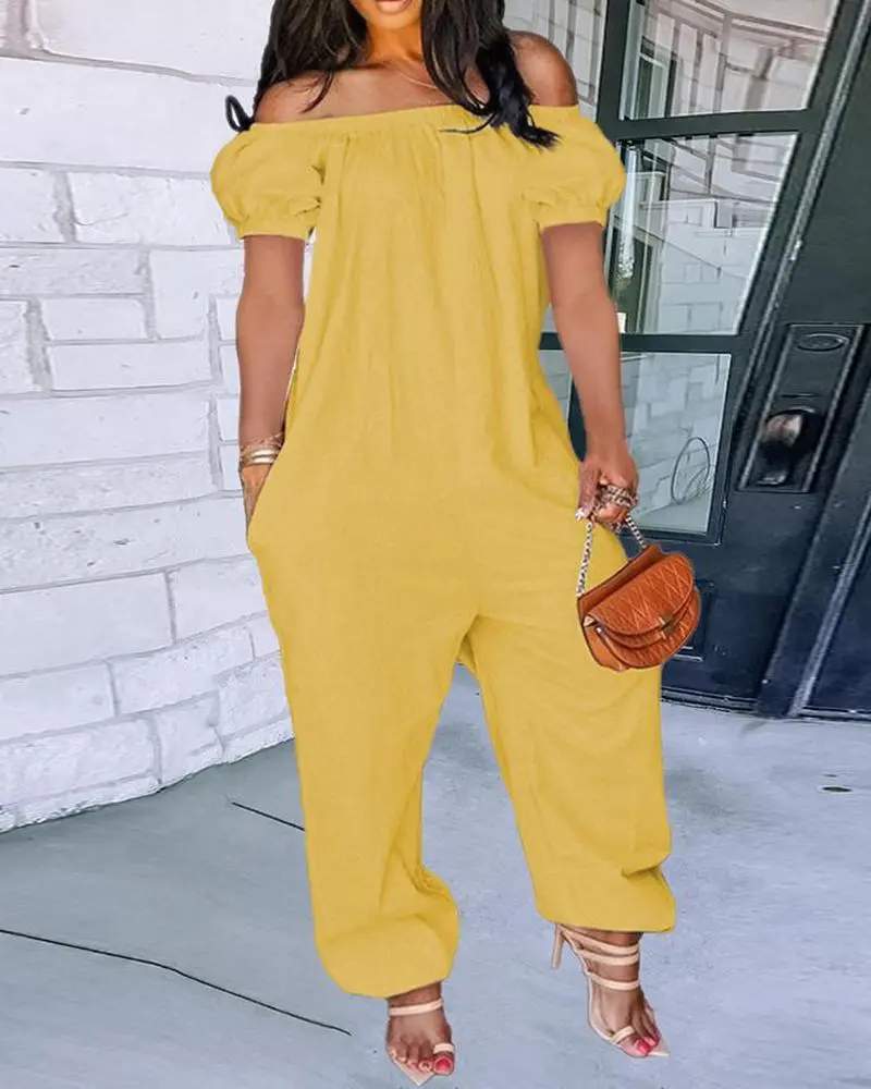 POCKET DETAIL OFF SHOULDER CUFFED JUMPSUIT