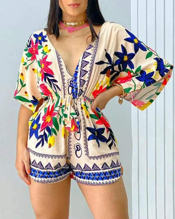 FLORAL PRINT V NECK DRAWSTRING ROMPER