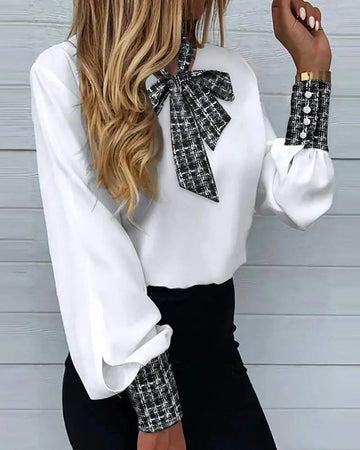 PLAID PRINT LANTERN SLEEVE TIE NECK TOP