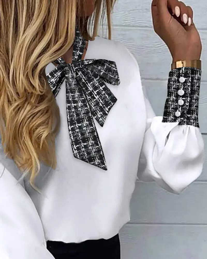 PLAID PRINT LANTERN SLEEVE TIE NECK TOP