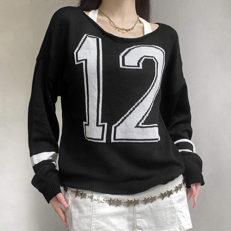 STYLE STREET PERSONALITY CONTRAST COLOR LETTER KNITTED OFF SHOULDER SWEATER SPICE GIRLS LOOSE ALL MATCH PULLOVER SWEATER